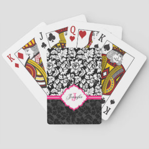 Monogrammed Black And White Damask Pink Stripe Playing Cards