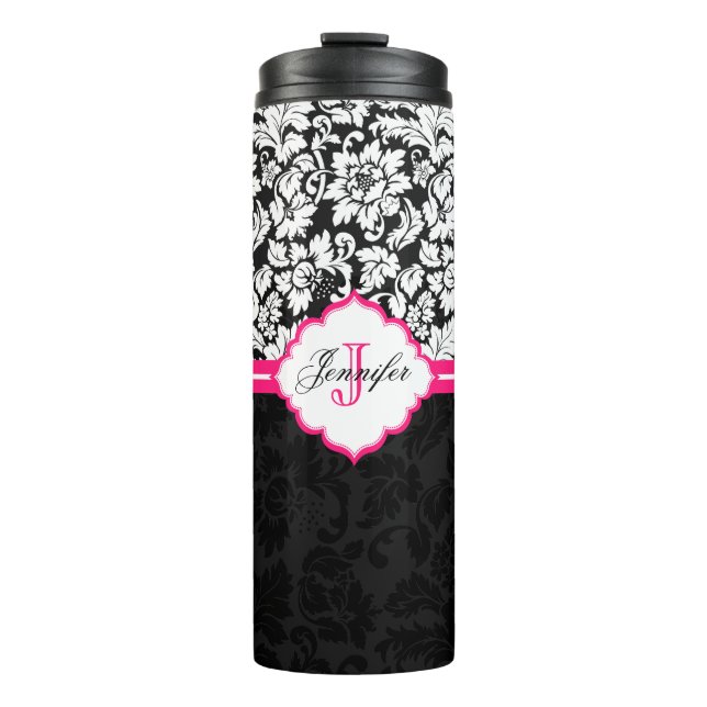 Monogrammed Black And White Damask Thermal Tumbler (Front)