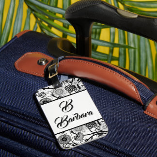 Monogrammed Black And White Floral Abstract Luggag Luggage Tag