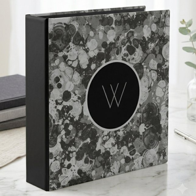 Monogrammed Black and White Ink Marble Binder (A sophisticated, monogrammed marble binder perfect for organizing your home office in style.)