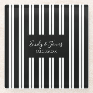 Monogrammed Black And White Lines And Stripes Glass Coaster