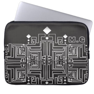 Monogrammed Black and White Maze Pattern Laptop Sleeve