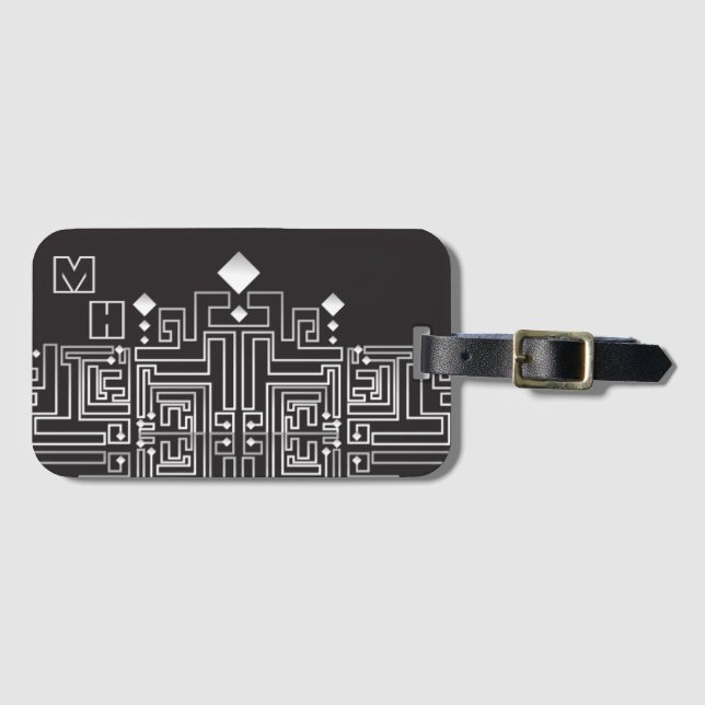 Monogrammed Black and White Maze Pattern Luggage Tag (Front Horizontal)