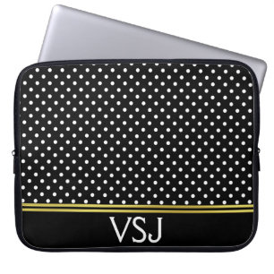 Monogrammed Black and White Polka Dot Pattern Laptop Sleeve