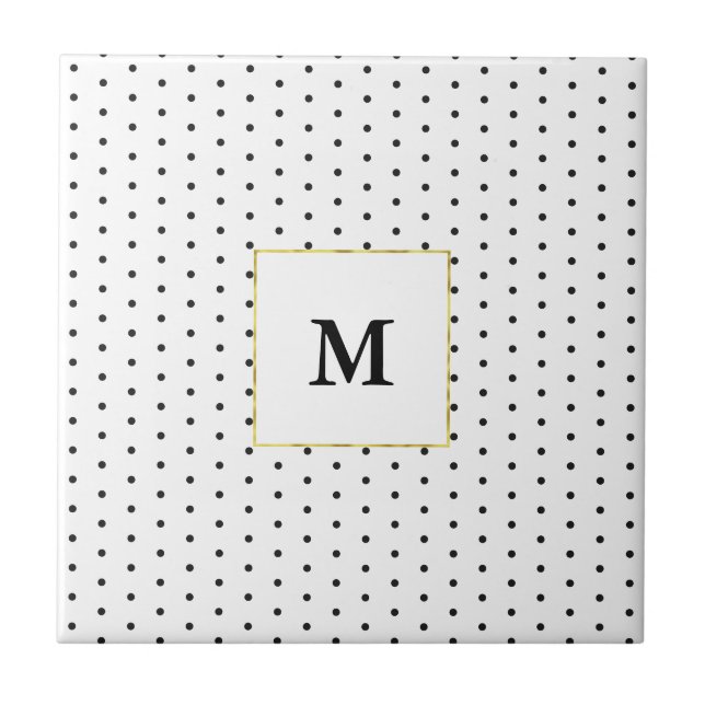 Monogrammed Black and White Polka Dot Pattern Tile (Front)