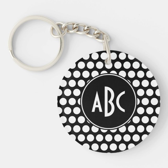 Monogrammed Black and White Polka Dots Keychain (Front)