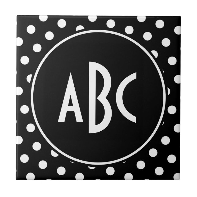 Monogrammed Black and White Polka Dots Tile (Front)