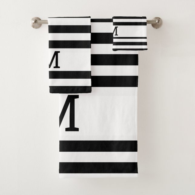 Monogrammed Black And White Striped Bath Towel Set (Insitu)