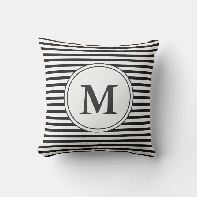 Monogrammed Black and White Striped Outdoor Pillow (Front)