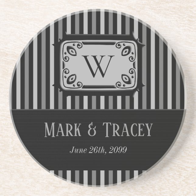 Monogrammed Black and White Stripes Coaster (Front)