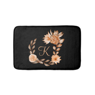 Monogrammed Black Brown and Peach Floral Bath Mat