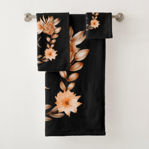 Monogrammed Black Brown and Peach Floral Bath Towel Set