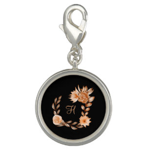 Monogrammed Black Brown and Peach Floral Charm