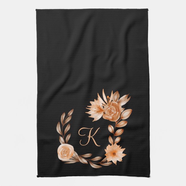 Monogrammed Black Brown and Peach Floral  Kitchen Towel (Vertical)
