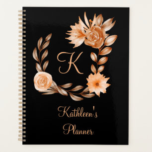Monogrammed Black Brown and Peach Floral Planner