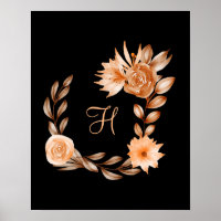 Monogrammed Black Brown and Peach Floral