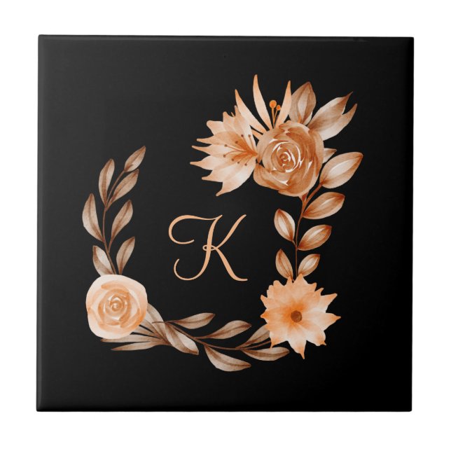 Monogrammed Black Brown and Peach Floral   Tile (Front)