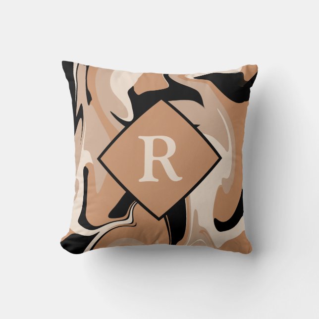 Monogrammed Black Brown Cream Marble Pillow (Front)