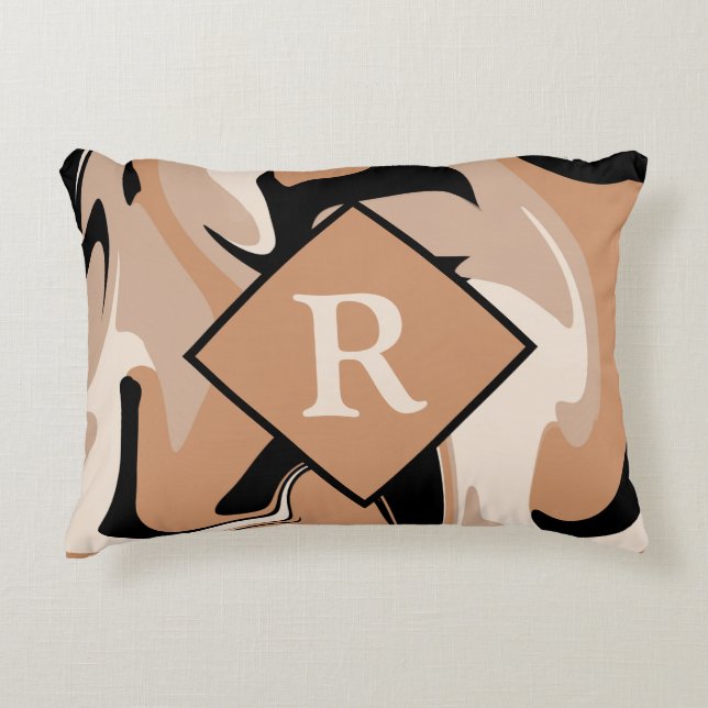 Monogrammed Black Brown Cream Marble Swirl Pattern Accent Pillow (Front)