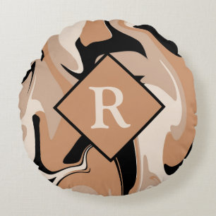 Monogrammed Black Brown Cream Marble Swirl Pattern Round Pillow