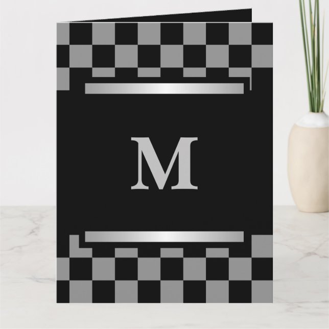 Monogrammed Black Checkered  Card (Front)
