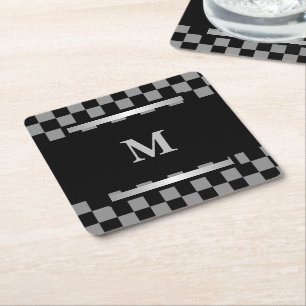 Monogrammed Black Checkered Paper Coaster