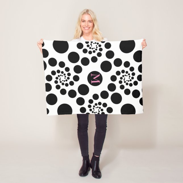 Monogrammed Black Circles And Dots Fleece Blanket (In Situ)
