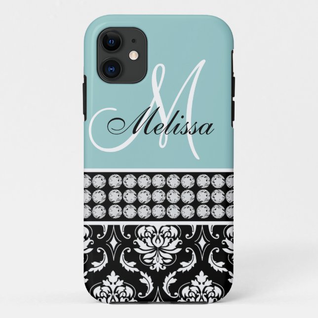 Monogrammed Black Damask Printed Diamonds Blue Case-Mate iPhone Case (Back)