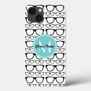Monogrammed Black Glasses Aqua Personalized Name iPhone 13 Case