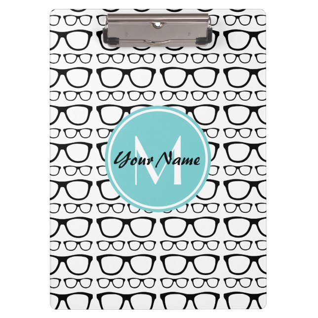 Monogrammed Black Glasses Aqua Personalized Name Clipboard (Front)