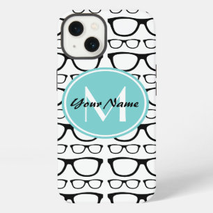 Monogrammed Black Glasses Aqua Personalized Name iPhone 13 Case