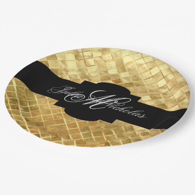 Monogrammed Black & Gold 50th Anniversary Paper Plate (Angled)
