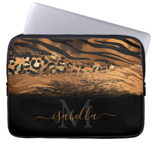 Monogrammed Black Gold Elegant Script Copper Laptop Sleeve