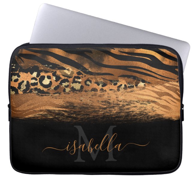 Monogrammed Black Gold Elegant Script Copper Laptop Sleeve (Front)
