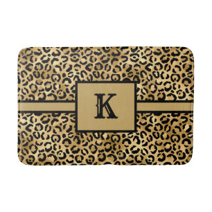 Monogrammed Black Gold Leopard Cheetah Print Bath Mat