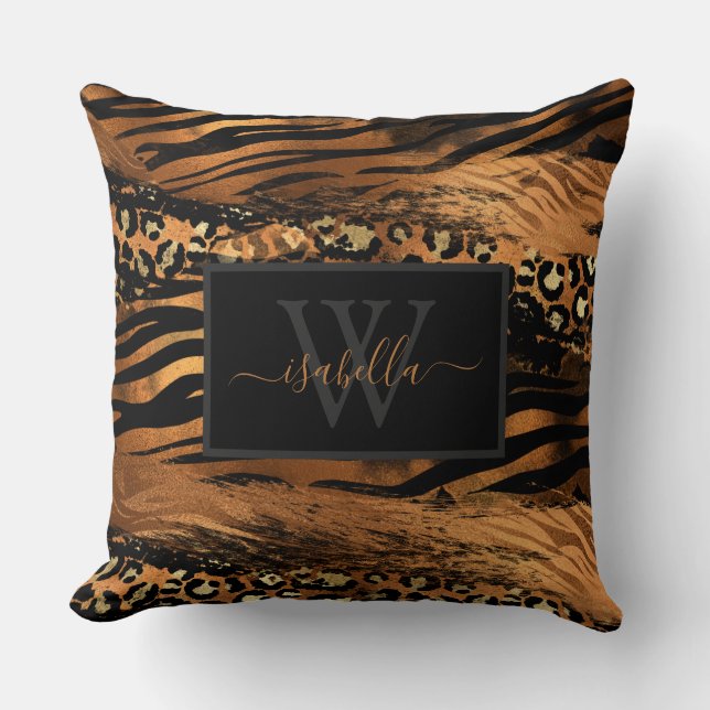 Monogrammed Black Gold Script Copper Throw Pillow (Front)