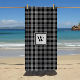 Monogrammed Black & Gray Checkered Plaid Pattern Beach Towel