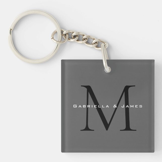 Monogrammed Black Grey Calligraphy Keychain (Front)