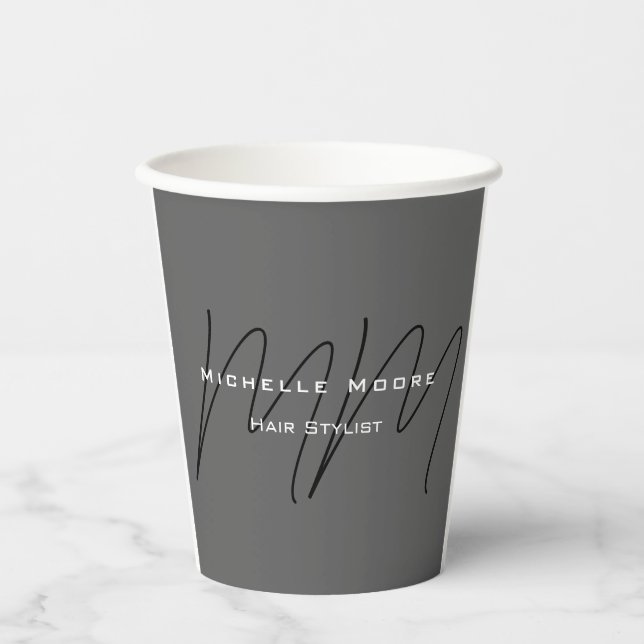 Monogrammed Black Grey Calligraphy  Paper Cups (Front)