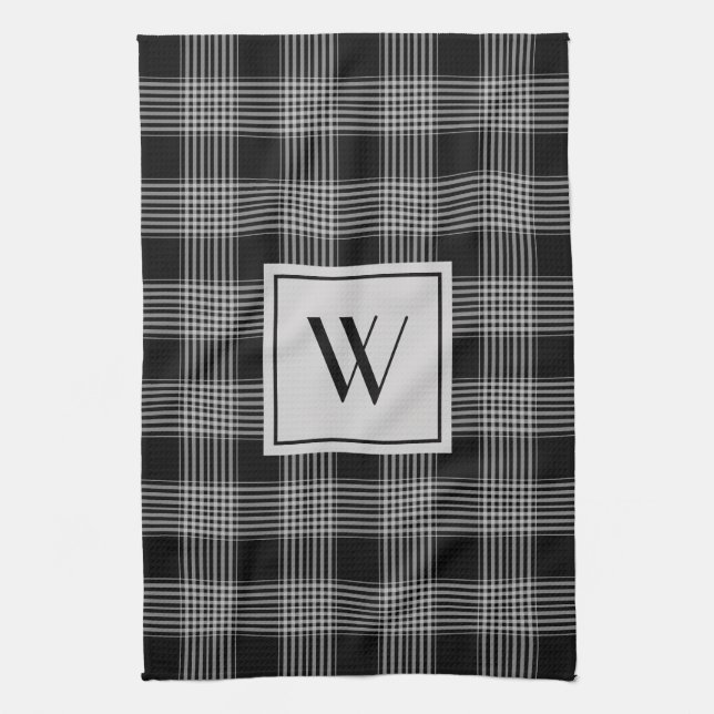 Monogrammed Black & Grey Chequered Plaid Pattern Kitchen Towel (Vertical)
