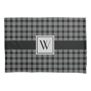 Monogrammed Black & Grey Chequered Plaid Pattern Pillowcase