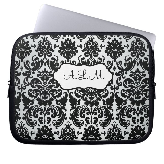 Monogrammed Black, Grey Damask Laptop Sleeve (Front)