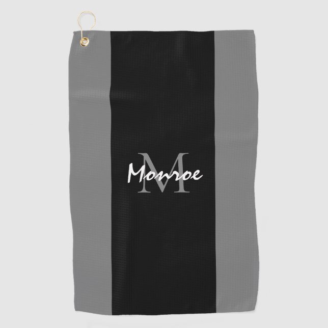 Monogrammed Black Grey Modern Script Personalized Golf Towel (Front)