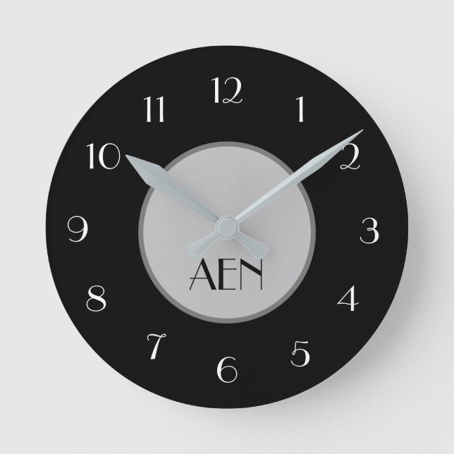 Monogrammed Black Grey White Minimalist Sleek Round Clock (Front)