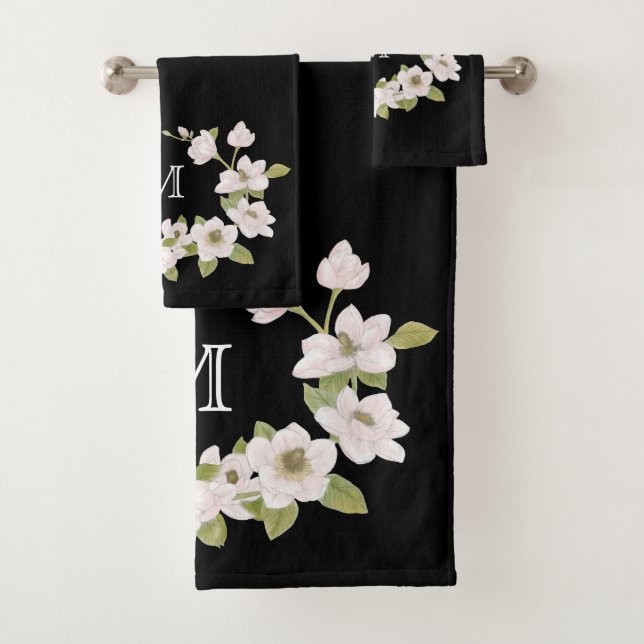 Monogrammed Black Magnolias Towel Set (Insitu)