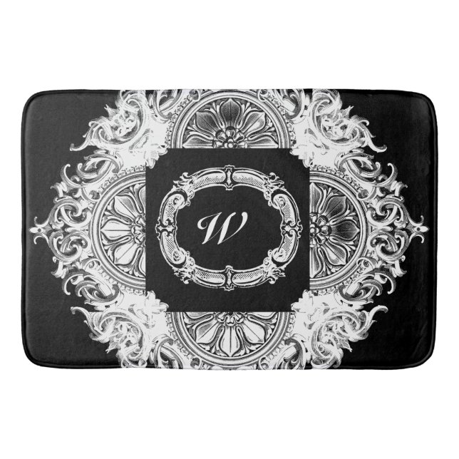 Monogrammed Black n White Home Decor Damask Toile Bath Mat (Front)