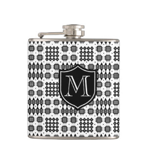 Monogrammed Black on White Faux Welsh Tapestry Hip Flask