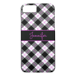 Monogrammed Black Pink n White Argyle iPhone 8/7 Case