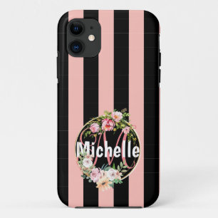Monogrammed black pink stripes pattern with Flower iPhone 11 Case