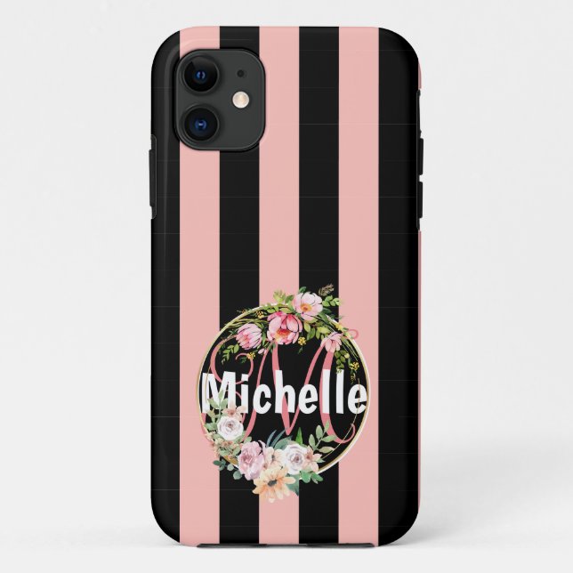 Monogrammed black pink stripes pattern with Flower Case-Mate iPhone Case (Back)